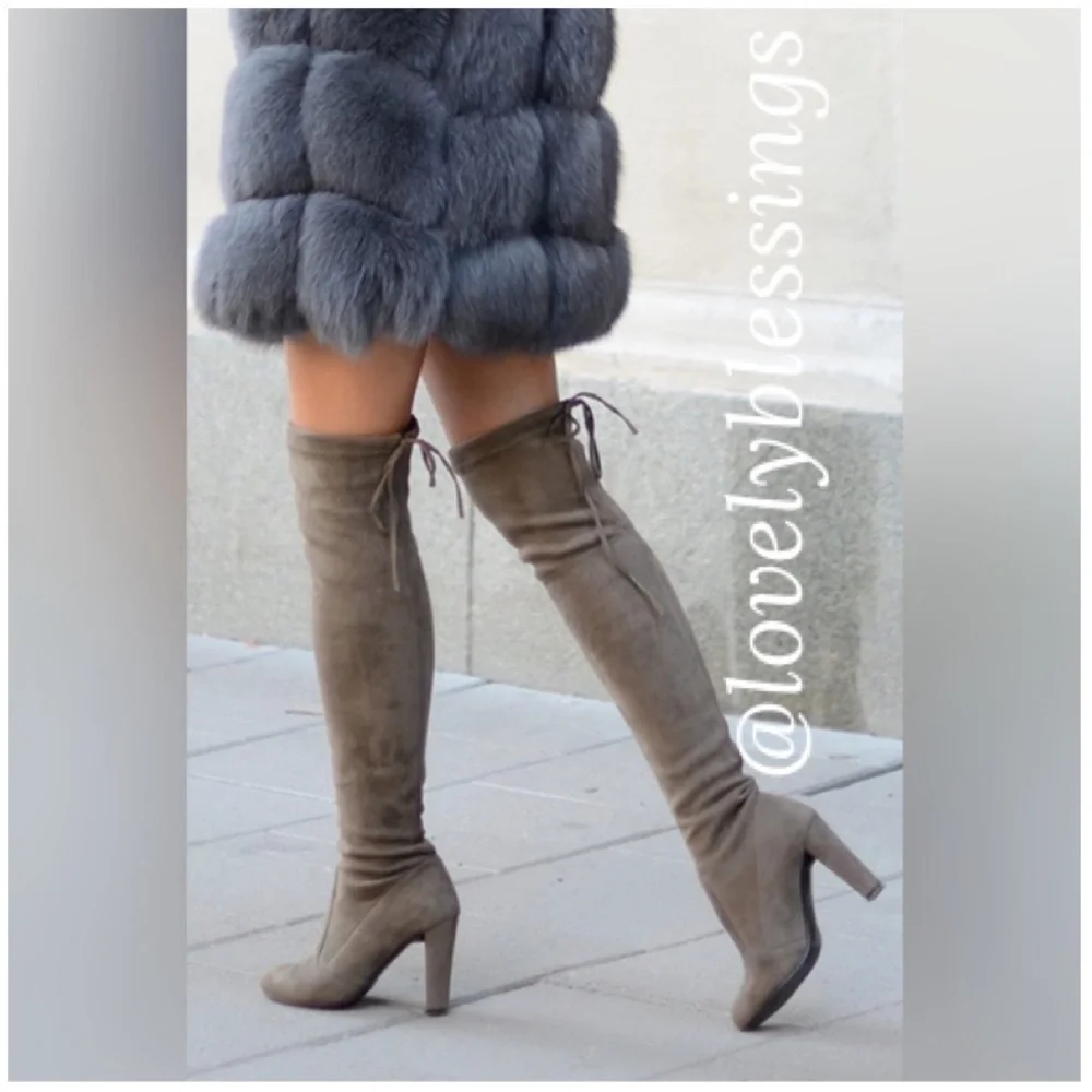 Sexy Thigh High Boots Chunky Heel Over Knee Suede Tie Brown Almond Toe Size 8.5